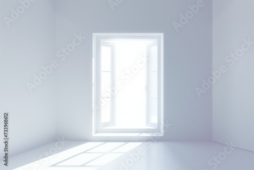 A window in a white empty room with bright sunlight