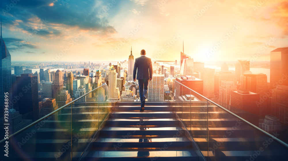 a modern businessman confidently climbs a staircase in the heart of a bustling city. copy space. determination, ambition, Business training, personal growth, leadership, success concept. a modern businessman confidently climbs a staircase in the heart of a bustling city. copy space. determination, ambition, Business training, personal growth, leadership, success concept.