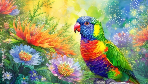 Rainbow lorikeet in a tropical colored scene with flowers and vibrant colors, artwork for posters, decoration, wallpapers and postcards © JoshRS