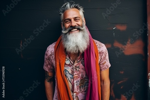 Portrait of handsome bearded hipster man with long white beard and moustache outdoors
