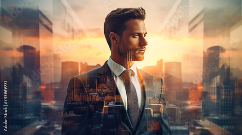 Portrait of attractive business man, Double exposure with business man and panoramic view of contemporary megalopolis at sunrise. Business training, personal growth, leadership, success concept.