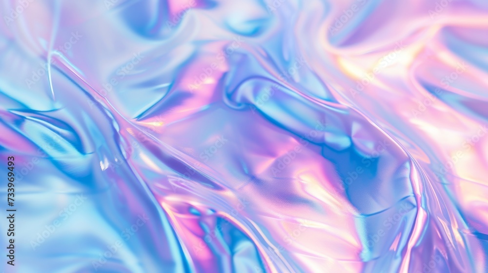 Fototapeta premium Blurred Holography abstract background in blue pink colors. Holographic color wrinkled pearlescent foil. Holographic iridescent rainbow fabric abstract background