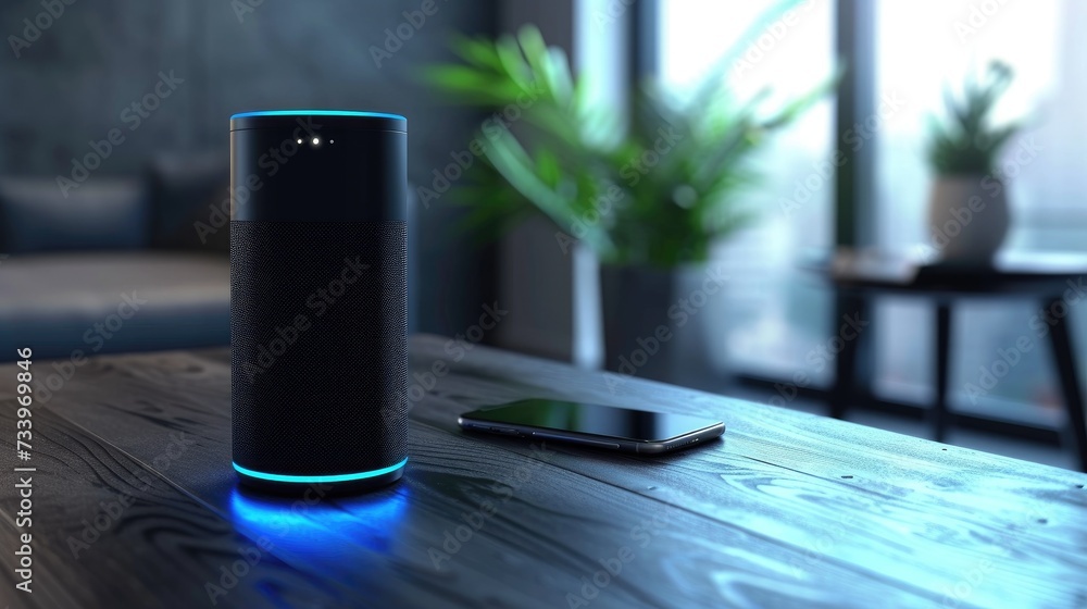 Home smart voice device. Closeup of a voice activated virtual assistant with an a powered parenting chatbot voice option. Smart ai speaker. Smart home concept - obrazy, fototapety, plakaty 