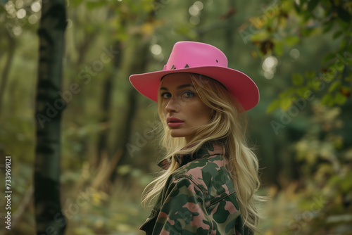 Fashion blonde model in a pink cowboy hat in the forest. Fashion portrait.
