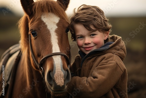 Happy Boy Hugging Brown Horse on Farm
