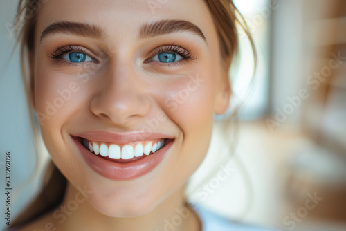 Beauty woman with white perfect smile looking at camera at home.
