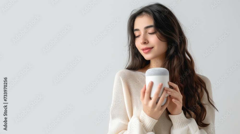 Beautiful young girl using voice controlled smart speaker and personal asistent, smart device concept, technologies, gadget. Concept of smart home and automation Beautiful young girl using voice controlled smart speaker and personal asistent, smart device concept, technologies, gadget. Concept of smart home and automation