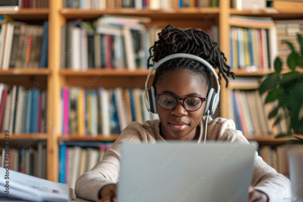 African teen girl uses online learning for exam preparation. African teen girl uses online learning for exam preparation.