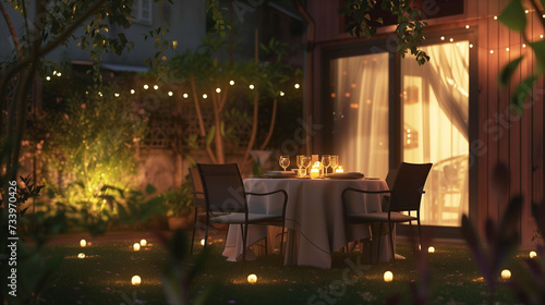 Intimate garden dinner setting with glowing candles and string lights at twilight, showcasing a romantic ambiance