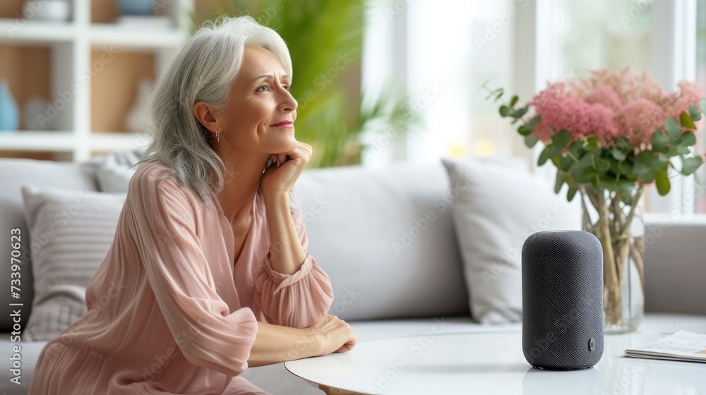 Senior woman using voice controlled smart speaker and personal asistent, smart device concept, technologies, gadget, background minimalistic. Concept of Smart Home and Automation Senior woman using voice controlled smart speaker and personal asistent, smart device concept, technologies, gadget, background minimalistic. Concept of Smart Home and Automation