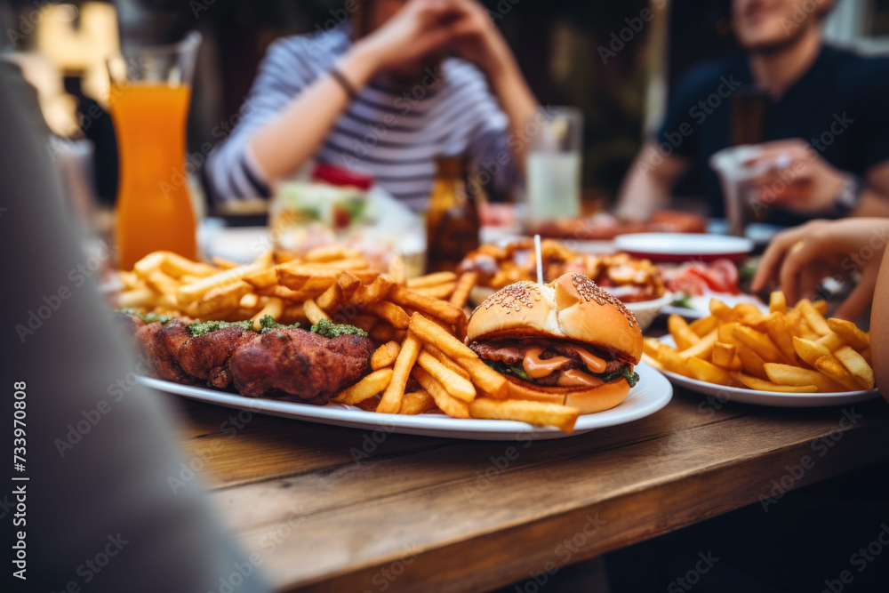People enjoying a delicious meal, hot dogs, burgers and french fries while dining out - obrazy, fototapety, plakaty 