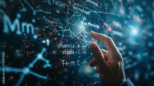 The teacher's hand points to the equation of relativity of Albert Einstein. E equals m multiplied by c squared. In the concept of a physics equation ring and a dark blue background. physics education