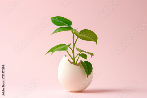 Creative spring time concept with green plant in the eggshell on pinky background. Copy space.