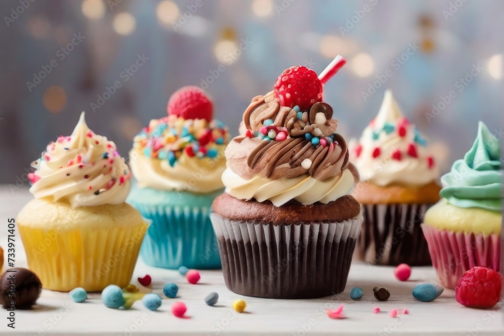 Assorted delicious cupcakes arranged on a pristine white wooden table