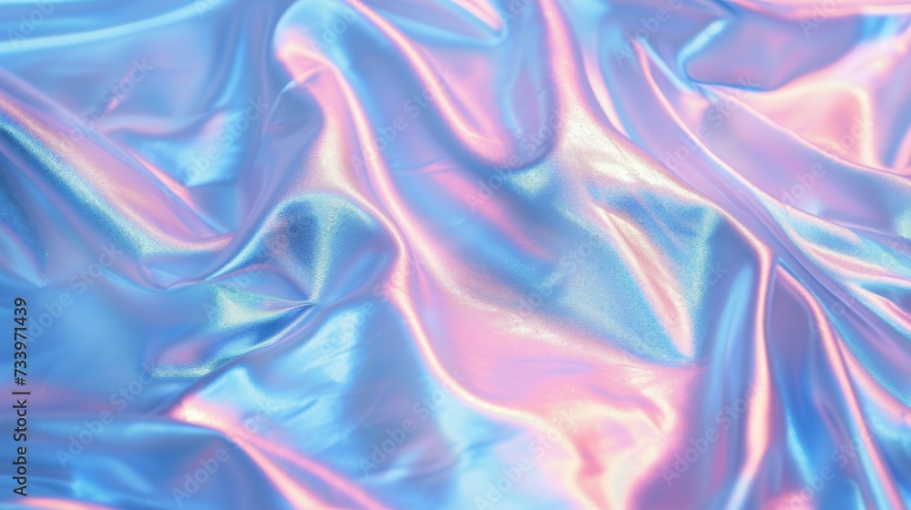 Fototapeta premium Blurred Holography abstract background in blue pink colors. Holographic color wrinkled pearlescent foil. Holographic iridescent rainbow fabric abstract background