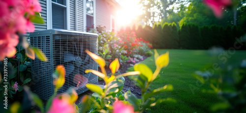 Air source heat pump installed in residential building. Made by generative AI. photo