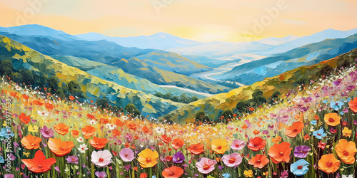 Fotografie, Obraz Beautiful spring landscape with colorful poppy flowers in mountains