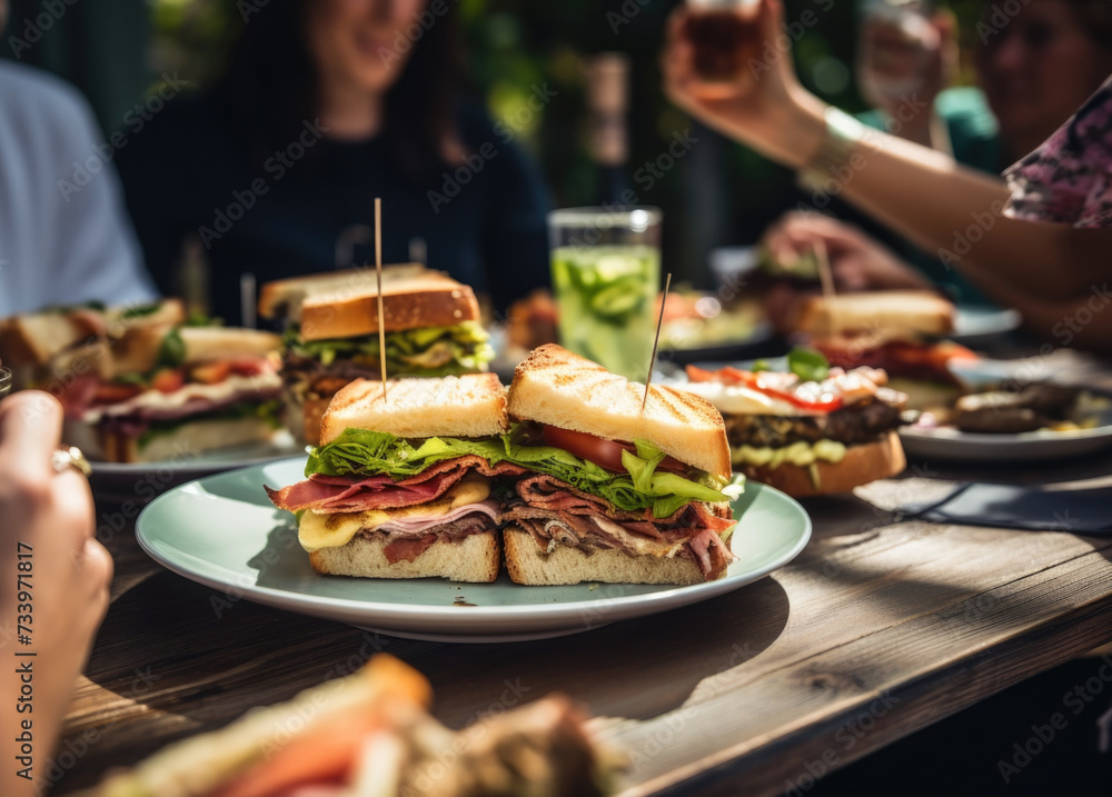 People enjoying a delicious meal, club sandwiches with ham and cheese while dining out