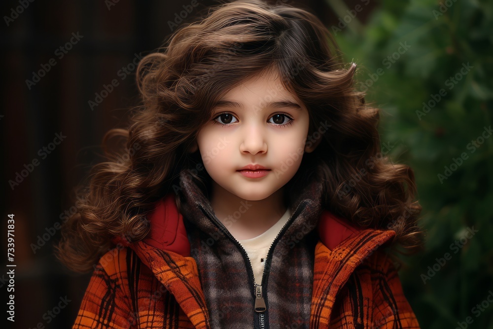 portrait of a little girl with curly hair in a red jacket portrait of a little girl with curly hair in a red jacket