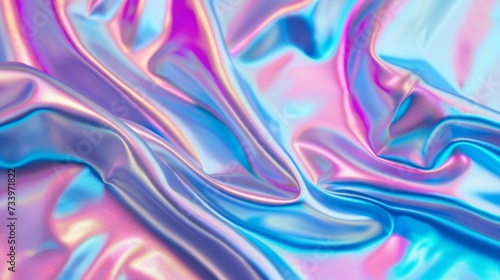 Blurred Holography abstract background in blue pink colors. Holographic color wrinkled pearlescent foil. Holographic iridescent rainbow fabric abstract background