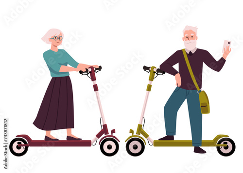 Elderly couple riding electric walk scooter, eco transport, vector online sharing service, pensioners with smartphone