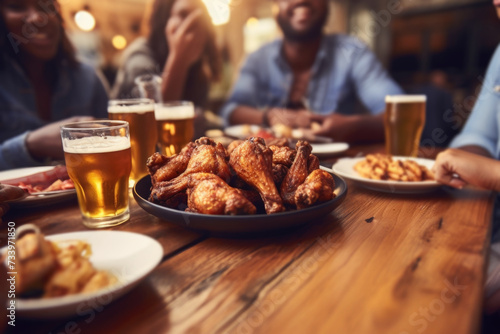 People enjoying a delicious meal, chicken wings and french fries while dining out
