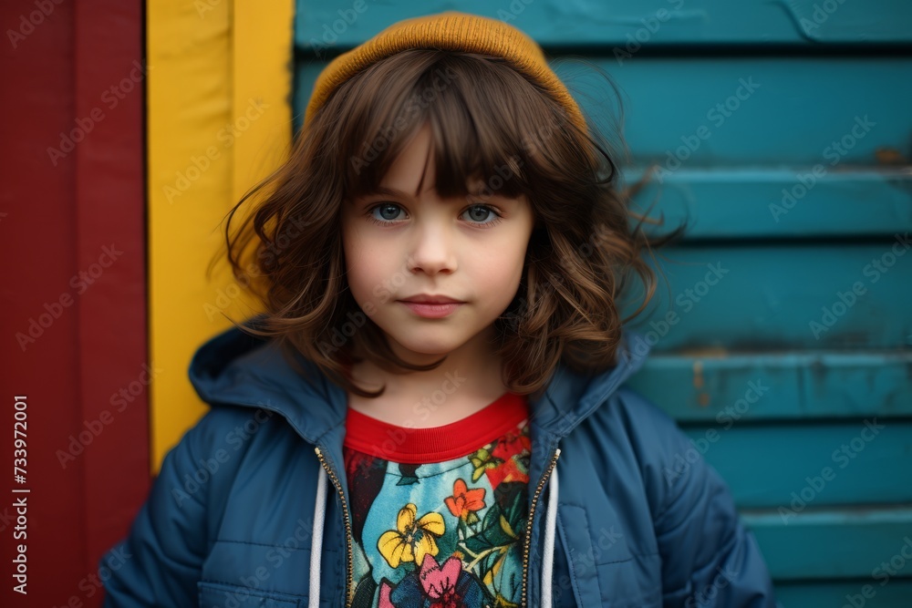 Portrait of a little girl in a yellow hat on a blue background. Portrait of a little girl in a yellow hat on a blue background.