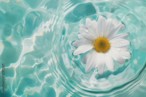 Daisy flower floating in the turquoise water. Creative floral concept. Minimal nature background. Copy space. 