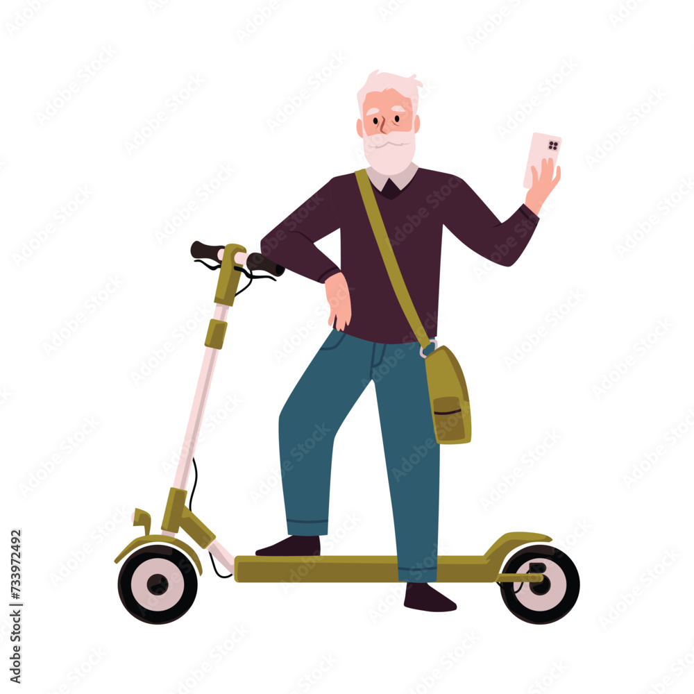 Modern elderly man on electric scooter, vector illustration on white Modern elderly man on electric scooter, vector illustration on white