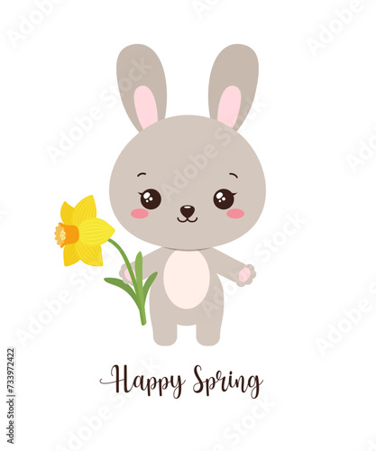 Adorable cute rabbit spring vector illustration. Kawaii bunny holding daffodil flower. Hello spring text. Easter greeting card, poster, invitation, sticker. Playful tender character for cute designs. © Cute Design