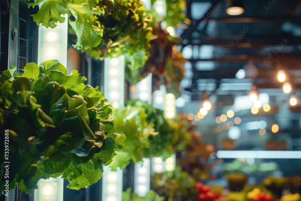 Salad growing in a hall with vertical farming Salad growing in a hall with vertical farming