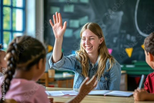 Happy teacher giving highfive to student in classroom.