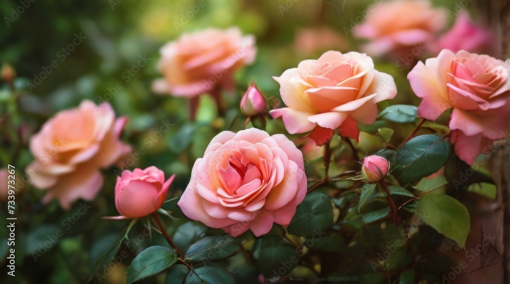 Rose bush in full bloom, its vibrant flowers and lush greenery contrasting beautifully with the softly blurred background Rose bush in full bloom, its vibrant flowers and lush greenery contrasting beautifully with the softly blurred background