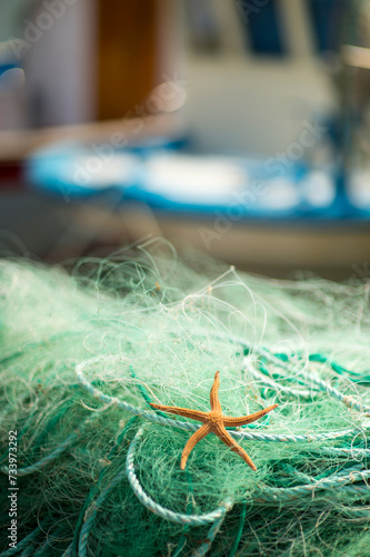 Reti e barche da pesca nel porto di Alghero photo