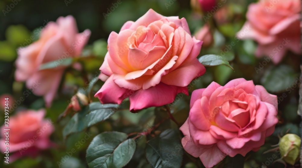 Rose bush in full bloom, its vibrant flowers and lush greenery contrasting beautifully with the softly blurred background Rose bush in full bloom, its vibrant flowers and lush greenery contrasting beautifully with the softly blurred background