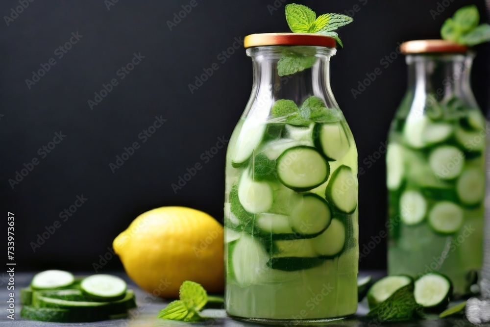 Refreshing cucumber and mint lemonade served in glass bottles Refreshing cucumber and mint lemonade served in glass bottles