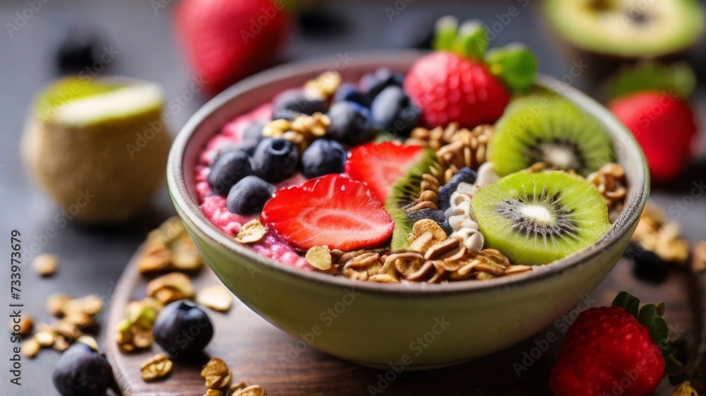 Vibrant smoothie bowl topped with sliced strawberries Vibrant smoothie bowl topped with sliced strawberries