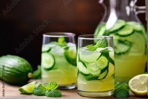 Refreshing cucumber and mint lemonade served in glass bottles