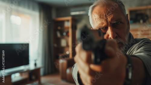 Old Man Pointing Gun at Camera photo