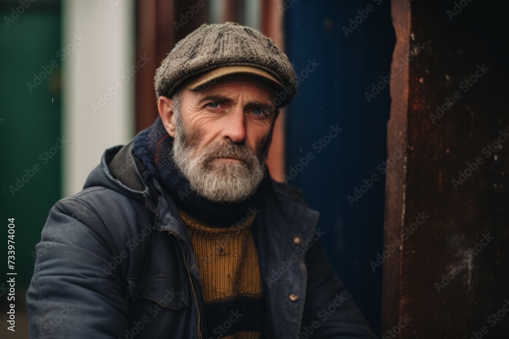 Portrait of an old man with gray beard and mustache in a cap on the street Portrait of an old man with gray beard and mustache in a cap on the street