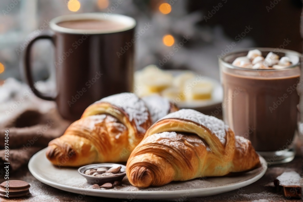 A cozy winter scene featuring croissants served