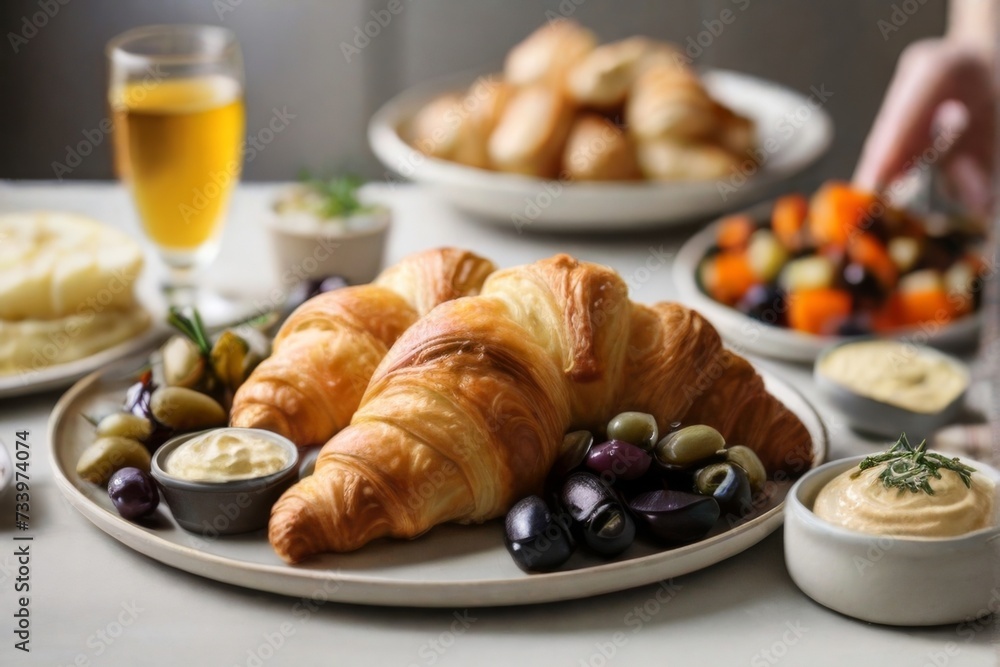 A festive holiday brunch featuring croissants served with cranberry sauce