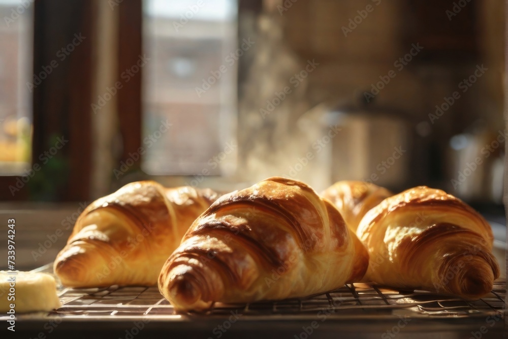 Croissants cooling on a wire rack, with steam rising from their buttery layers Croissants cooling on a wire rack, with steam rising from their buttery layers