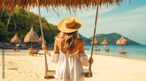Beach holiday. A beautiful woman in a straw hat riding on a swing, enjoying the view of the beach ocean on a hot summer day. Perfect summer vacation. Travel agency poster © Dina Photo Stories
