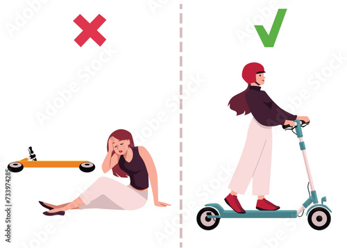 Right and wrong way of driving a scooter, woman without helmet fell down of electric scooter, and with helmet vector set