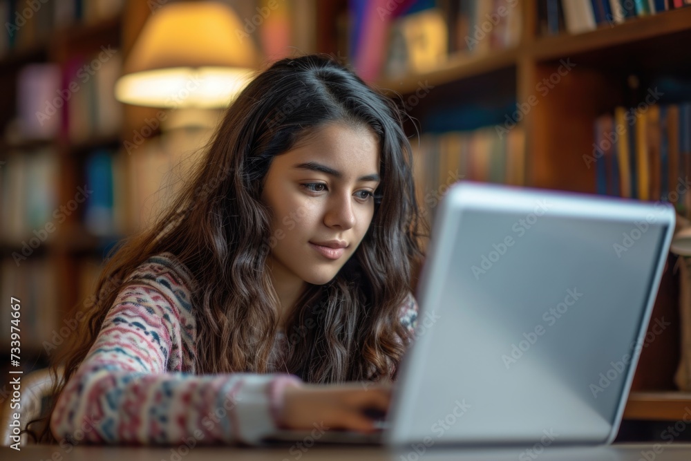 Hispanic teen girl learns online, works remotely. Hispanic teen girl learns online, works remotely.