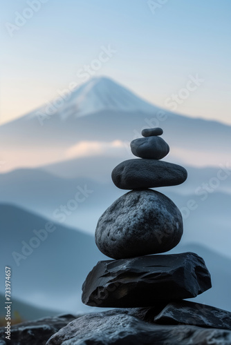 Serene and tranquil scene of a stack of stones with mountain behind