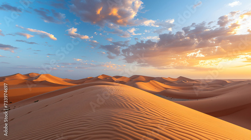 Sand dunes at sunset in the Wahiba Sands desert. photo