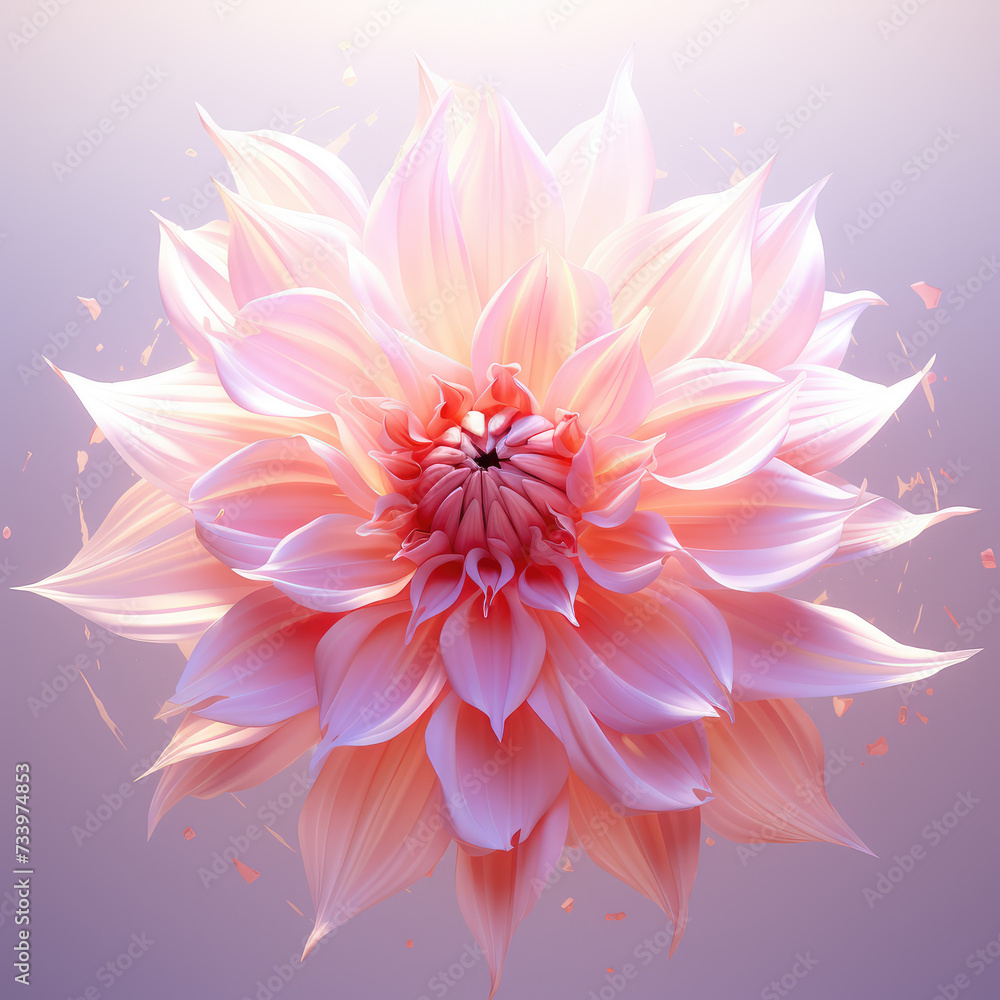 A radiant, digitally-rendered Dahlia flower in full bloom, exhibiting a gradient of soft pink to vibrant coral hues against a subtle purple backdrop. A radiant, digitally-rendered Dahlia flower in full bloom, exhibiting a gradient of soft pink to vibrant coral hues against a subtle purple backdrop.