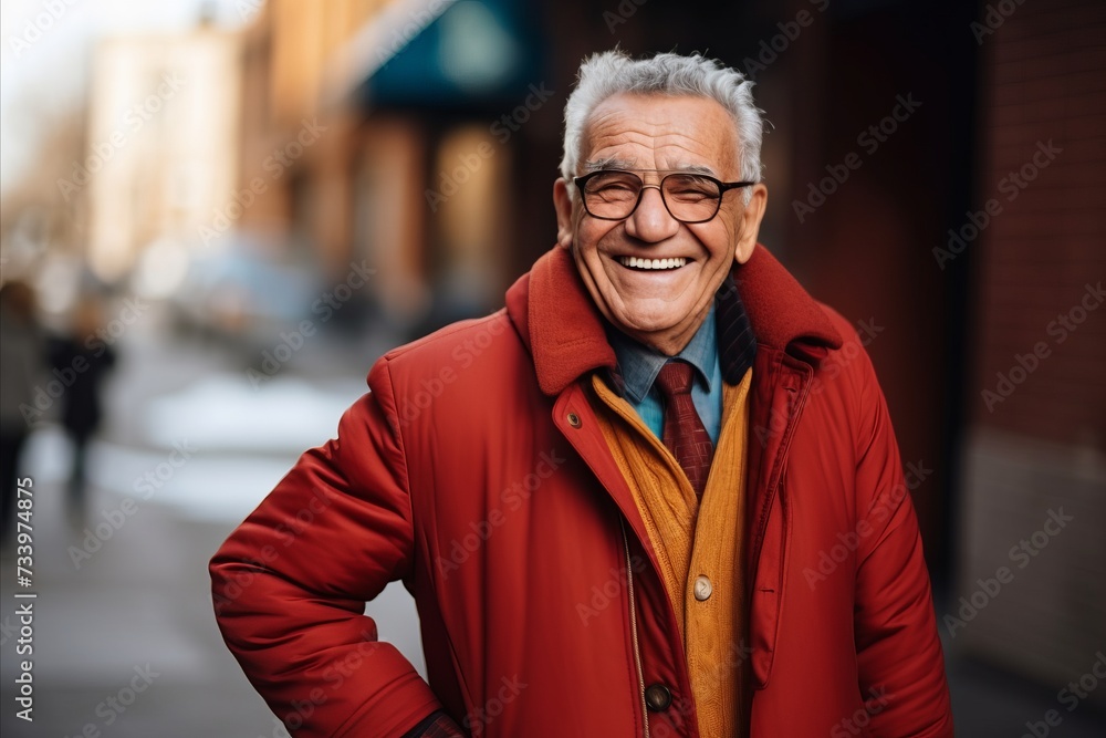 Portrait of happy senior man in red coat and eyeglasses standing on the street Portrait of happy senior man in red coat and eyeglasses standing on the street